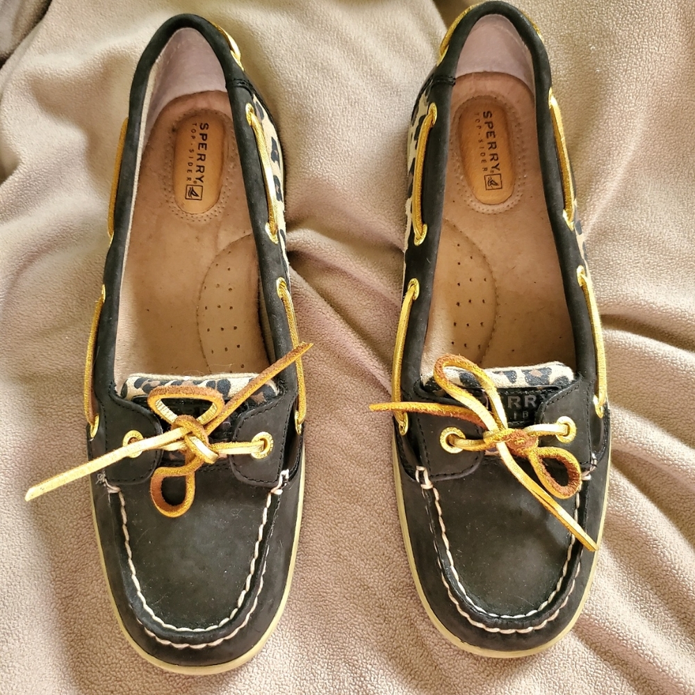 Sperry Angelfish Black and leopard topside sz 8.5